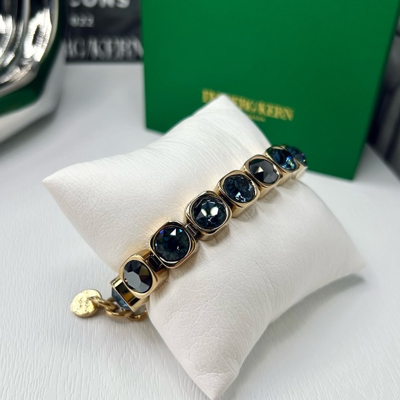 Denim Blue Crystal Bracelet, Gold Plated Chunky Dark Blue Tennis Bracelet - Picture 3 of 9